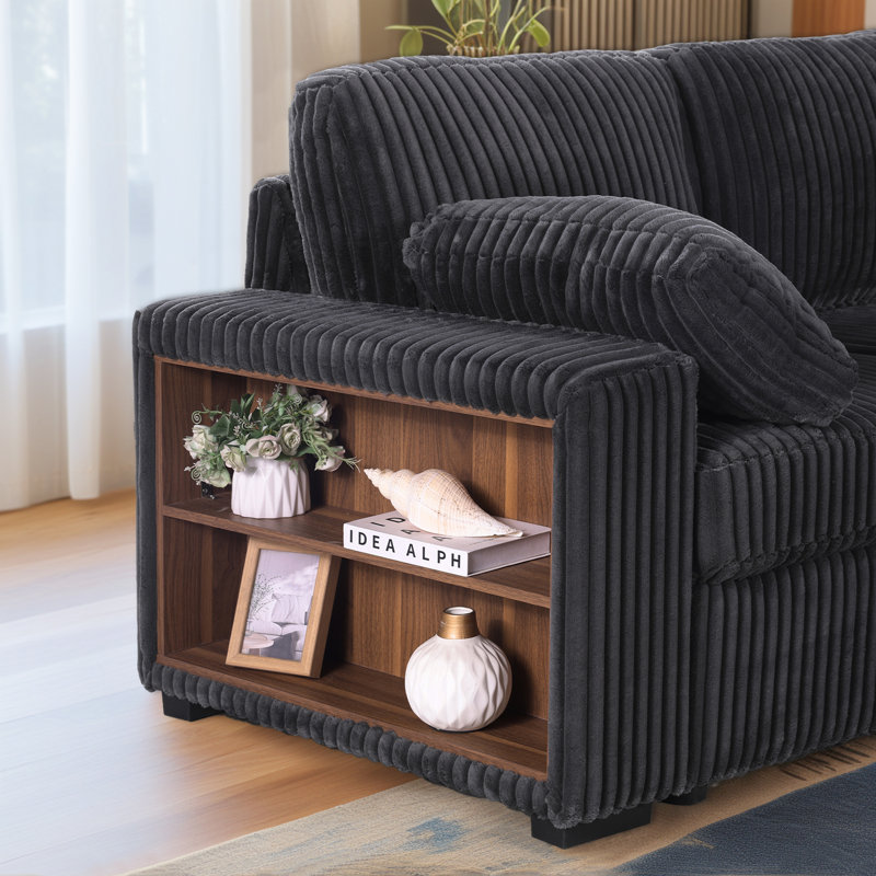 U-shaped Corduroy Sectional Sofa Bed Pull Out Sleeper with Large Storage Chaise and Armrest Storage, Dark Gray Corduroy