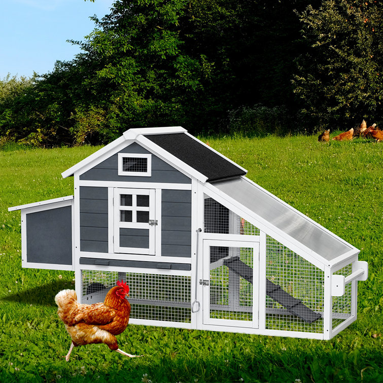 Dejour 70" Wood Chicken Coop, Poultry Cage Hen House with Connecting Ramp, Removable Tray, Window