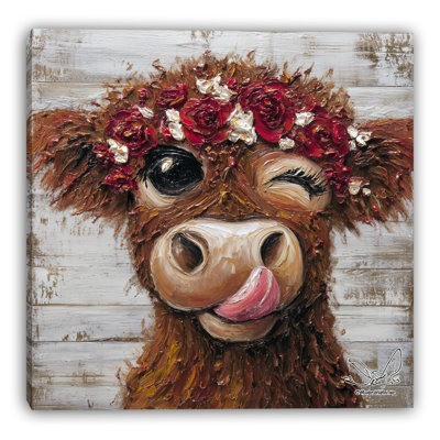 Winking Highland Cow Floral Crown Wrapped Canvas Wall Art