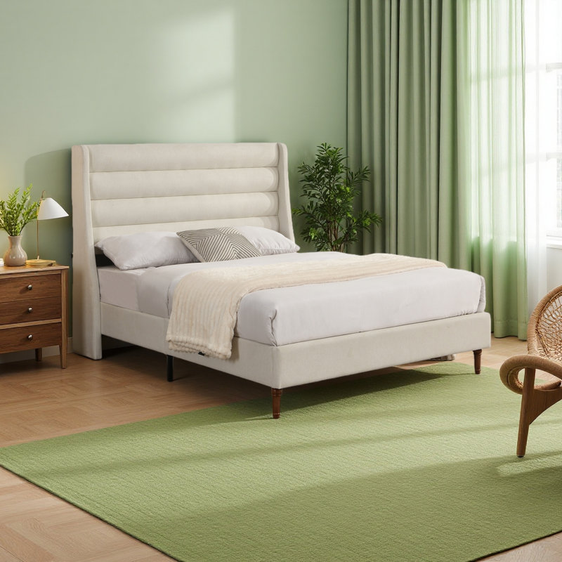 Lit plateforme tapissier avec tête de lit haute et tête de lit ondulée, tissu chenille de qualité supérieure, lit plateforme minimaliste moderne sans sommier, assemblage facile