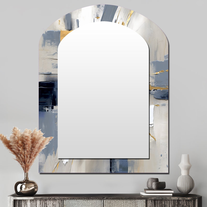 «Grey and Gold Transcendent Impressions I», grand miroir mural asymétrique à formes abstraites, miroir décoratif à arche grise, impression sur métal