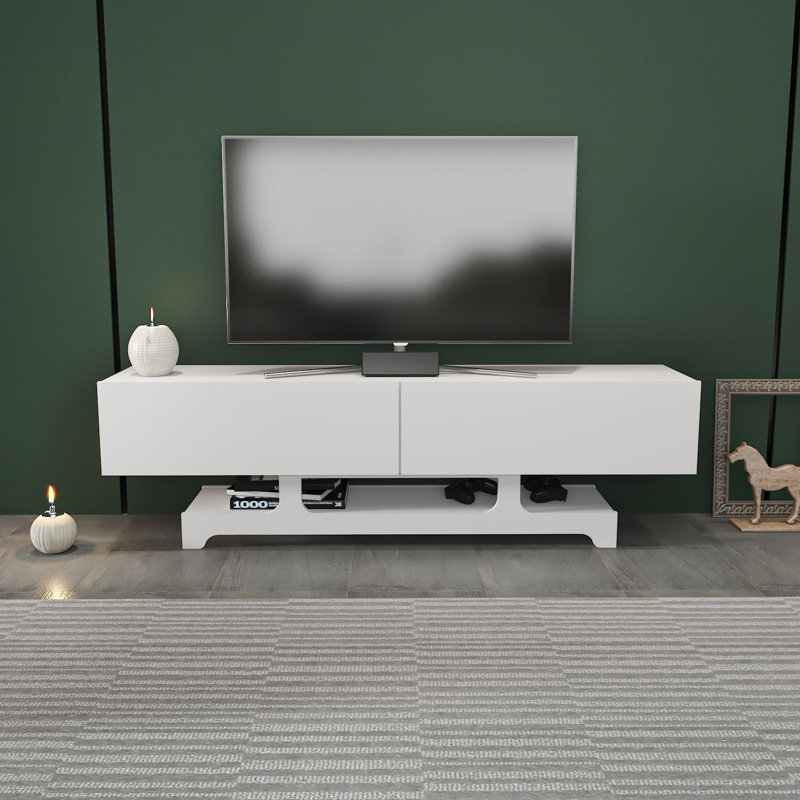 Meuble télé blanc moderne 100% mélamine, panneau de particules, 63,0 po x 18,4 po x 13,8 po | Épaisseur: 0,7 pouce | Conception élégante de couleur unie pour le salon et les espaces de divertissement, finition durable et élégante