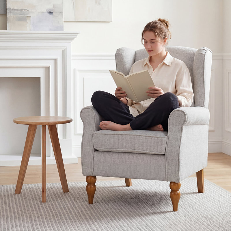 Light Beige Upholstered Wingback Accent Chair with Round Rubberwood Side Table, Beige