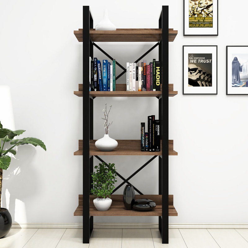 Modern Walnut Bookshelf with Metal Frame, 25.0 x 59.1 x 11.8 inches | 100% Melamine Coated Particle Board, Thickness: 0.7 inches | Numerous Shelves, Wall-Mountable, Stylish Storage Solution for Home & Office