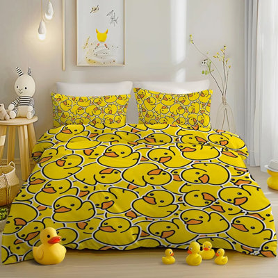 Ensemble de housse de couette canard en caoutchouc jaune, literie en microfibre brossée pour enfants avec 1 housse d'édredon et 2 taies d'oreiller, ensemble de lit doux à imprimé canard pour chambre de garçon (simple, double)