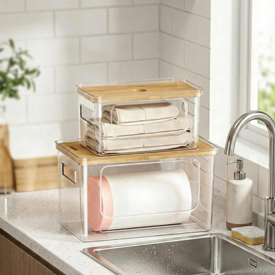 2-Pack Stackable Trash Bag Dispenser With Bamboo Lid – Plastic Bag Organizer For Kitchen, Laundry, Pantry, And Under Sink Storage (XL+S)