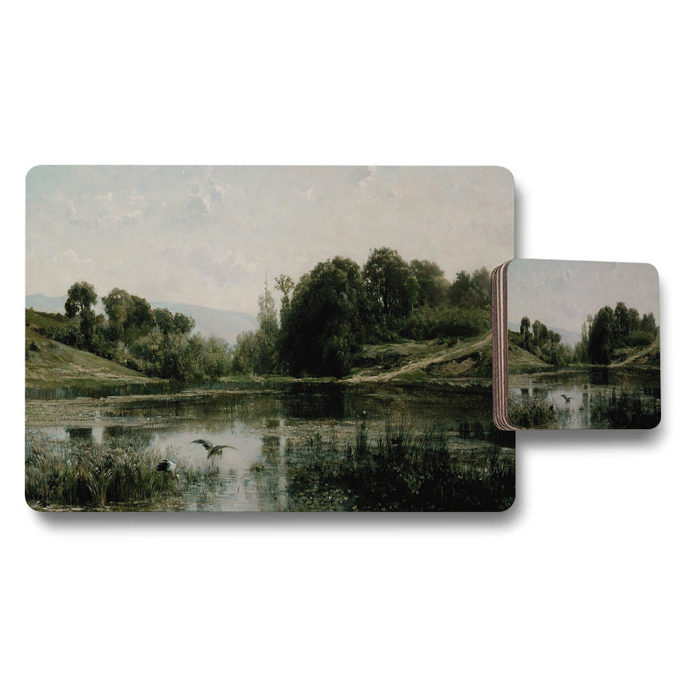 Serene River Landscape Placemat And Coaster Set With Nature Art
