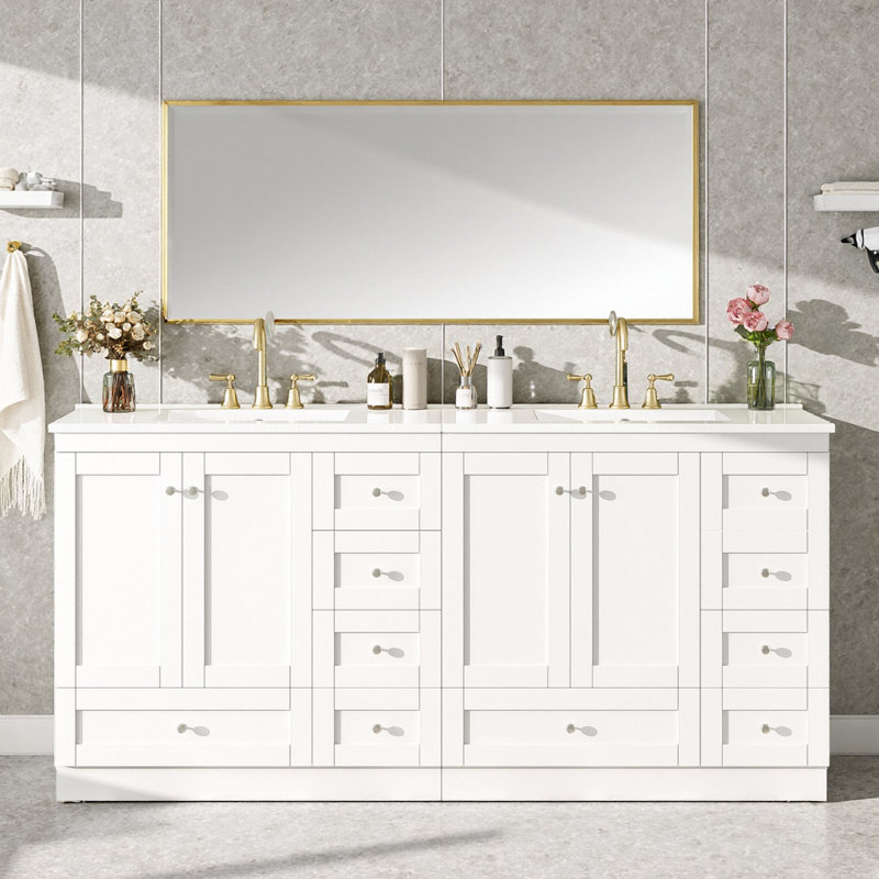 Meuble-lavabo blanc 72 po avec lavabo double en céramique et portes / tiroirs à fermeture en douceur, Blanc