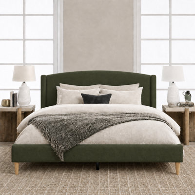  Kelway Queen Size Bed Frame Upholstered Platform Bed with 50" Tall Wingback Headboard, Boucle Fabric,No Box Spring Needed, Grass Green