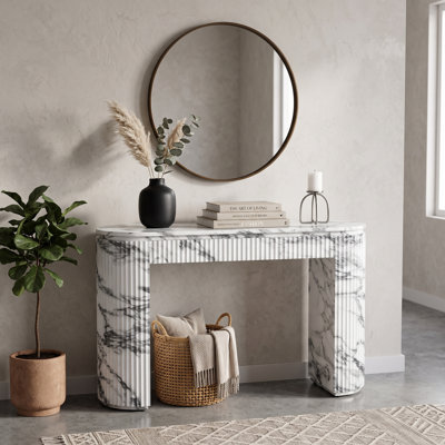 Console ovale moderne à côtés cannelés - Plateau en imitation marbre, piètement sculptural texturé, table d'appoint minimaliste pour entrée - Montage facile - 120 cm de large