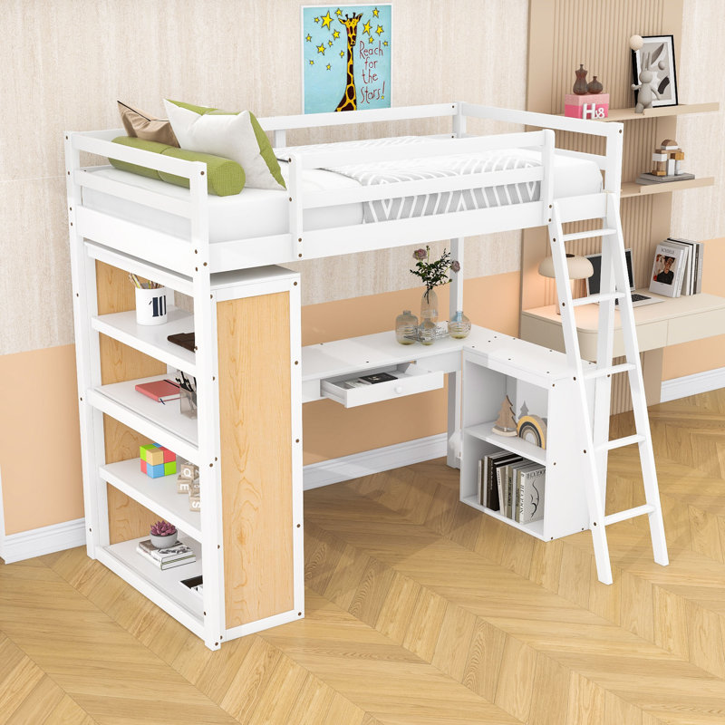 Dulcinea Kids Full Drawer Wood Loft Bed with Built-in Desk and Shelves, White, Twin