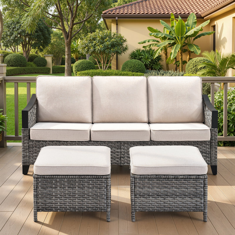 All-Weather Outdoor Wicker Modern Wicker Iron Armrests Sofa With Ottomans, Beige