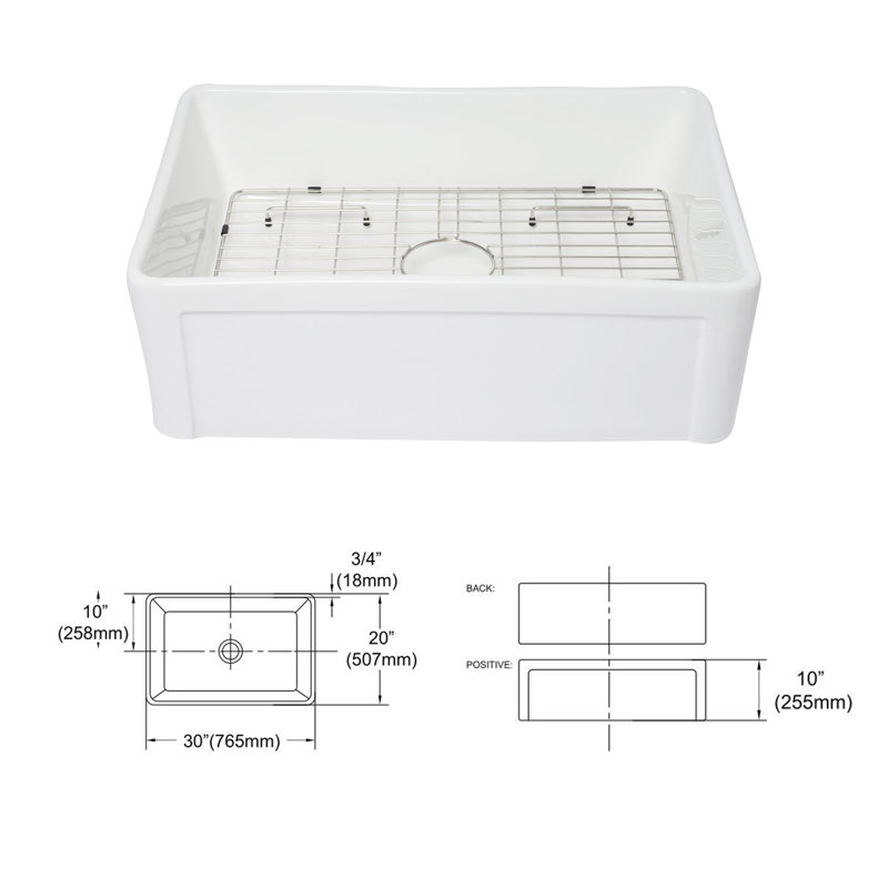  Évier de cuisine rectangulaire à simple cuve à tablier frontal en L / 30 po x l 20 po Fireclay avec grille d'évier et crépine