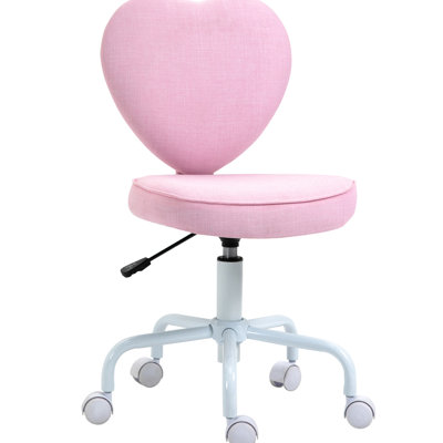 Chaise de bureau rose à hauteur réglable et pivotante à 360 degrés, dossier en forme de cœur, siège en lin respirant pivotant à degrés