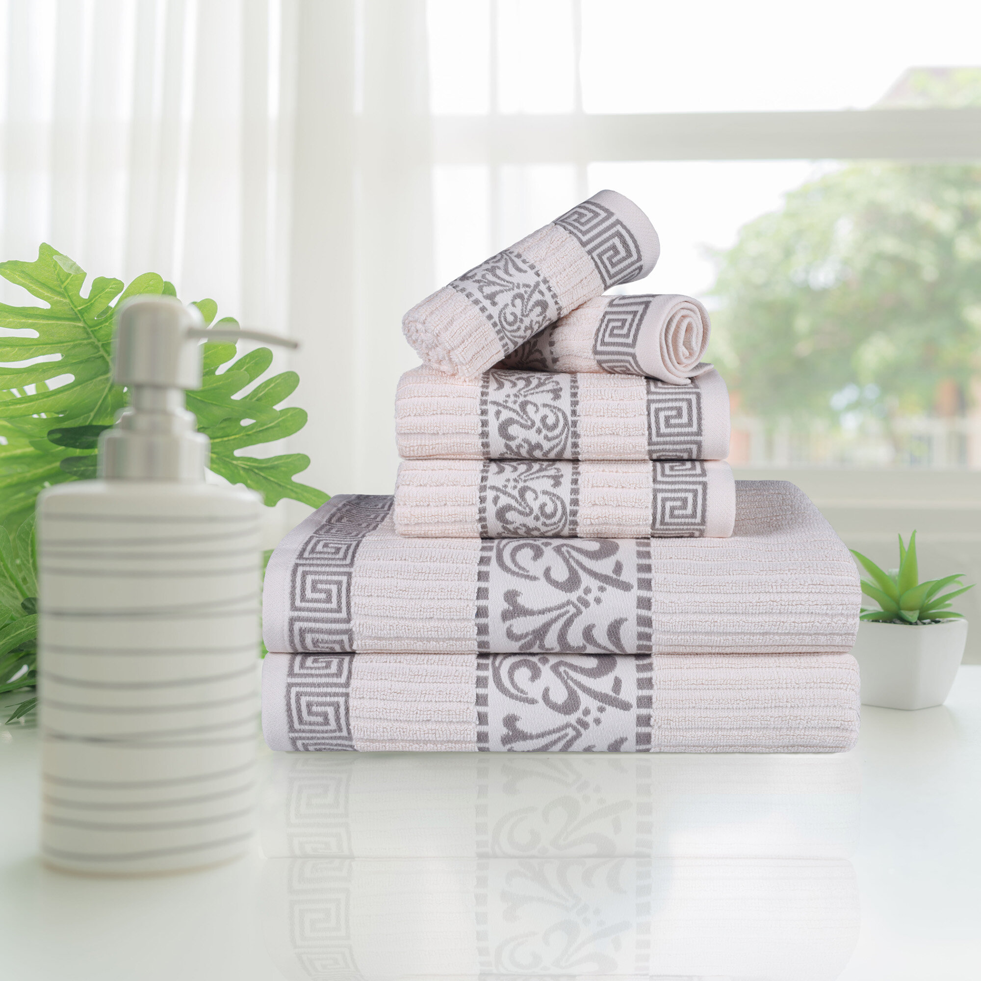 6 Piece Jacquard Woven Towel Sets Include 2 Bath Towels, 2 Hand