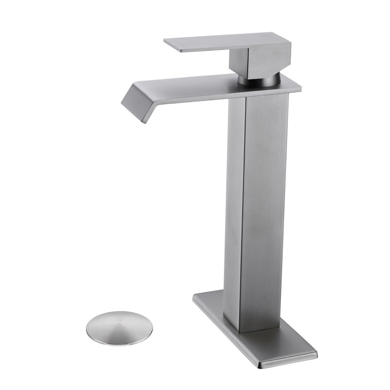 Waterfall Spout Bathroom Sink Single Handle Faucet With Pop-Up Drain (No Overflow), Brushed Nickel