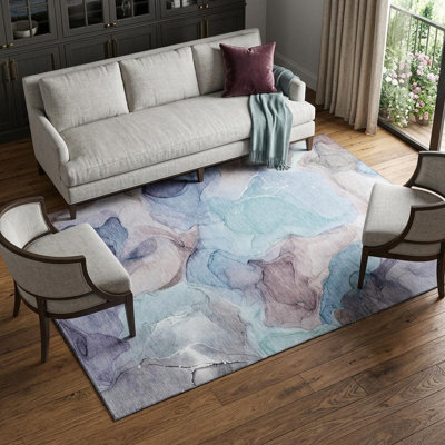 Tapis lavable abstrait mauve et gris 10 pi x 14 pi bleu avec protection UV