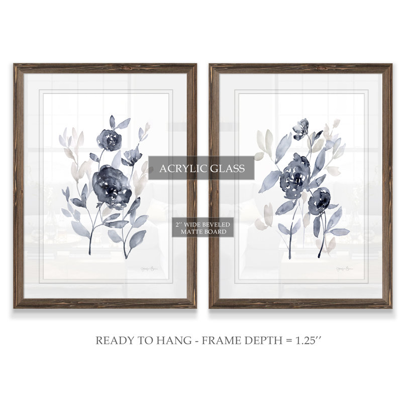 Pivoines en gris - ensemble de 2 reproductions d'art encadrées, H 20 po x l 16 po, Impression encadrée avec passe-partout