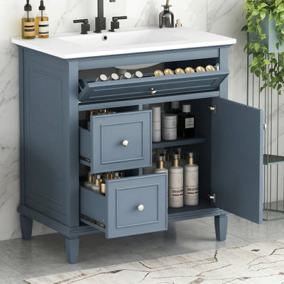 30" Modern Bathroom Vanity With Ceramic Sink, Solid Wood Cabinet, 3-drawer Storage Unit With Flip Tray & Adjustable Shelf, Space-saving Vanity Set For Bathroom