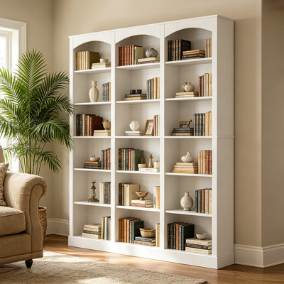 Triple Wide Bookshelf, 6 Tier Large Bookcase With Curved Baffle, 18 Open Display Shelves