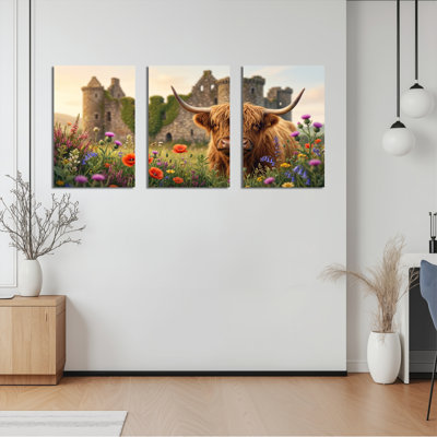 Highland Cow And Castle Floral Landscape Canvas Wrapped Wall Art Oil Painting Print Set Of 3