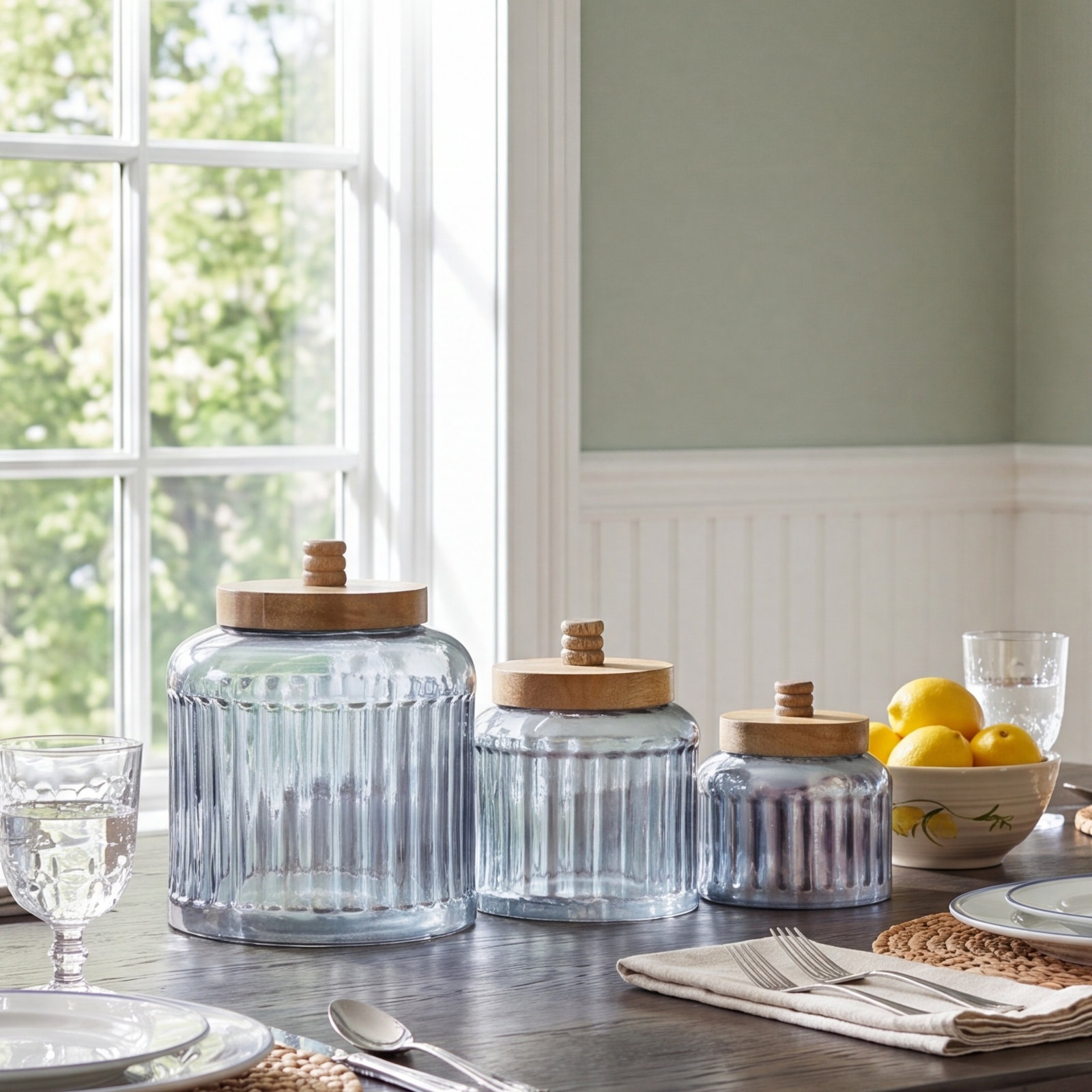Glass Kitchen Canister Set, Gray, 5" H x 5" W x 5" D