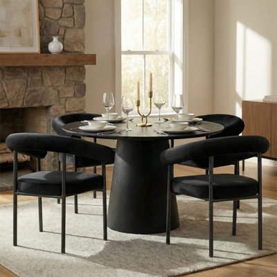 46"–83" Modern Extendable Dining Set With Dual Pedestal Base & Velvet Upholstered Arm Chairs