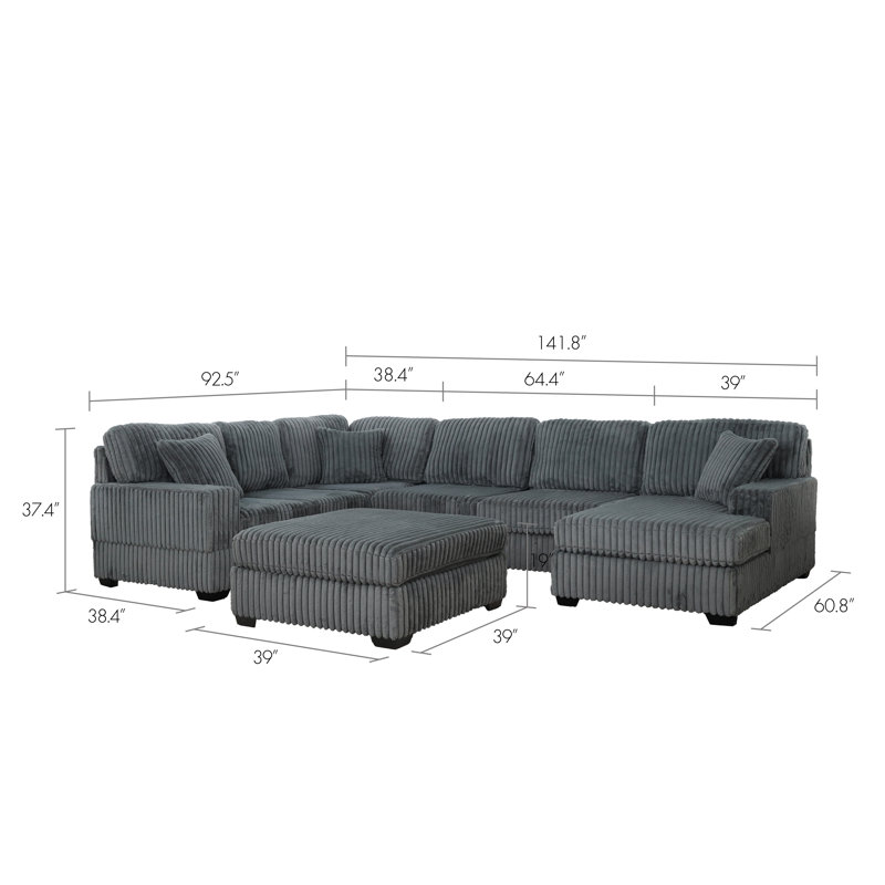 TITAN 142" Corduroy Reversible 4PC Sectional with Chaise and Ottoman, Grey Corduroy