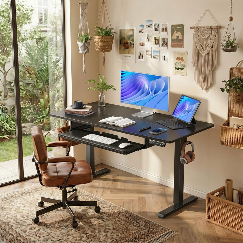 Electric Adjustable Standing Desk with Keyboard Tray,Height Adjustable Ergonomic Desk for Home or Office., Black