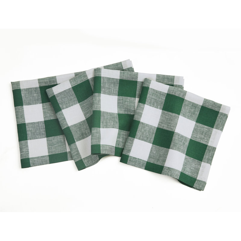 Buffalo Check - 100% Pure Linen Dinner Napkins, Green/White