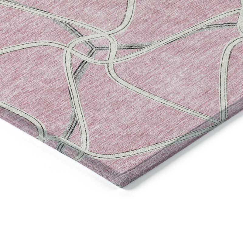 3' X 5' Pink And Ivory Geometric Washable Indoor Outdoor Area Rug