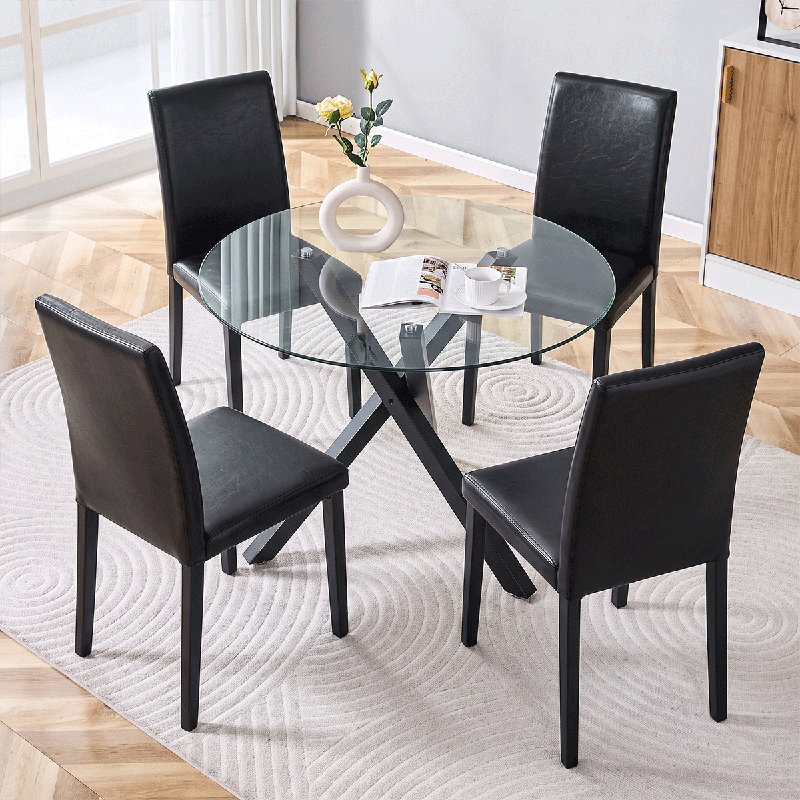Ensemble de table de salle à manger ronde pour 4 personnes, ensemble de table de salle à manger en verre, ensemble de table et chaises de cuisine 5 pièces, pour le salon, petit espace (inclure 4 chaises noires)
