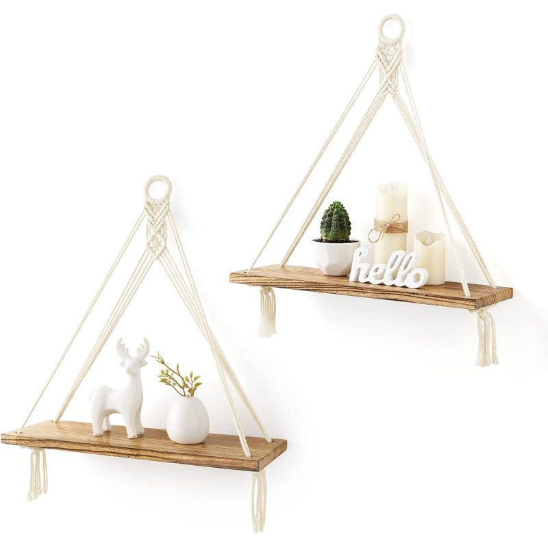 Macrame Hanging Shelves Boho Wall Decor Set Of 2 Rustic Wood Floating Storage Shelf For Bedroom Bathroom Living Room Nursery Dorm Room, Display Shelving For Hanging Plants Photos