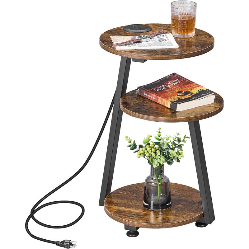 Round End Table Side Table with Metal Frame, Greige-charging Station, Rustic Brown