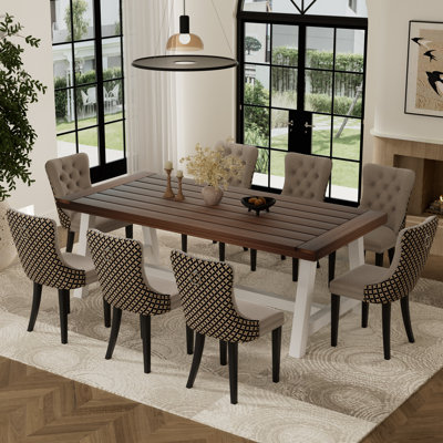 9 Pieces Modern Farmhouse Rectangle Dining Set with Mid-century High-end Tufted Dining Chair Set for 8