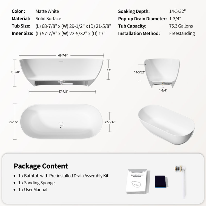 69" Luxury Freestanding Soaking Bathtub Of Matte White, High - Quality Resin, To Fading, Comfortable Shape In Density Stone Long Term Durability, Spacious Area