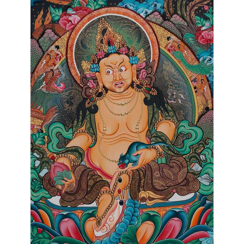 Thangka sans-dieu Kubera, dieu de la richesse | Art mural bouddhiste tibétain peint à la main Prosperity | Décoration à or 24 carats (24 po x 16,5 po)