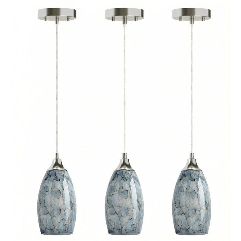 Ensemble de 3 luminaires suspendus sphériques en verre bleu pierre 71,4 po