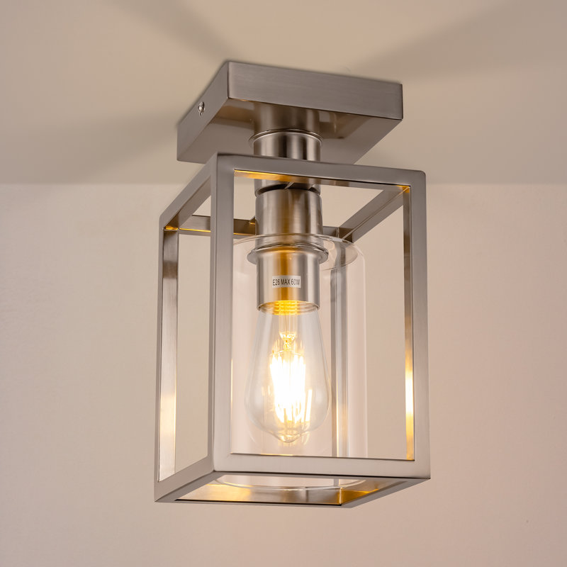 1-Light Farmhouse Cage Semi Flush Mount Ceiling Light With Glass Shade For Living Room, Bedroom, Entryway, Nickel