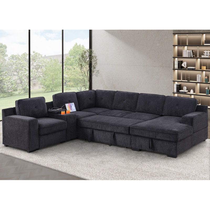 Canapé modulaire en U avec canapé-lit, console avec port USB et méridienne, Chenille grise foncée
