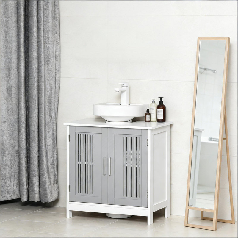 Armoire de rangement pour salle de bain à 2 portes sous le lavabo - gris et blanc, peu encombrante, tablettes réglables, fonctionnelle en gris / blanc