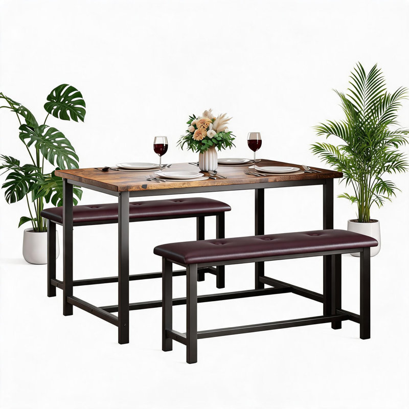 3 Piece Dining Table Set, Space Saving Kitchen Table with 2 Upholstered Benches, 4 Seater Dining Set for Small Spaces, Modern Industrial Metal Frame Dining Room Furniture for Kitchen, Apartment.