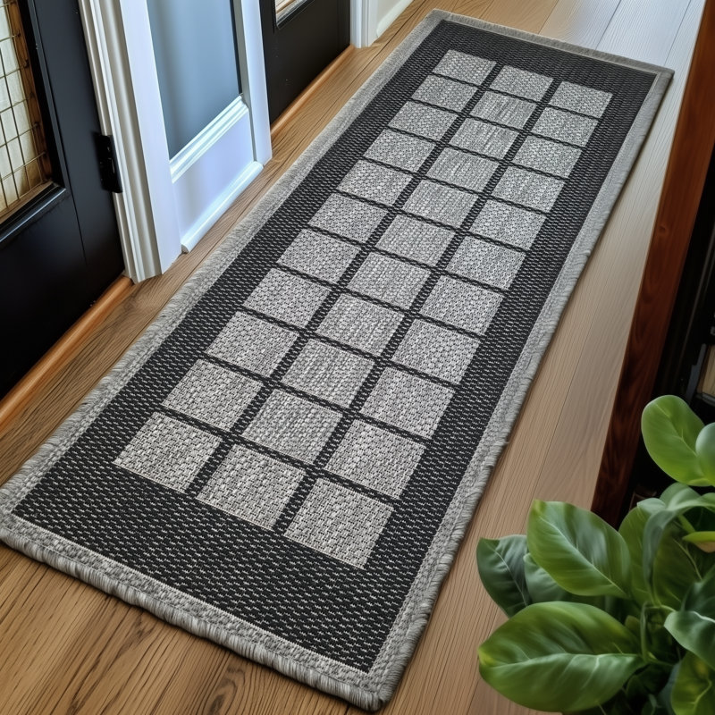Gere Rug Non Slip Flat Weave Border Check Geometric Kitchen Living Room Carpet, Runner 60 x 180 cm, Black
