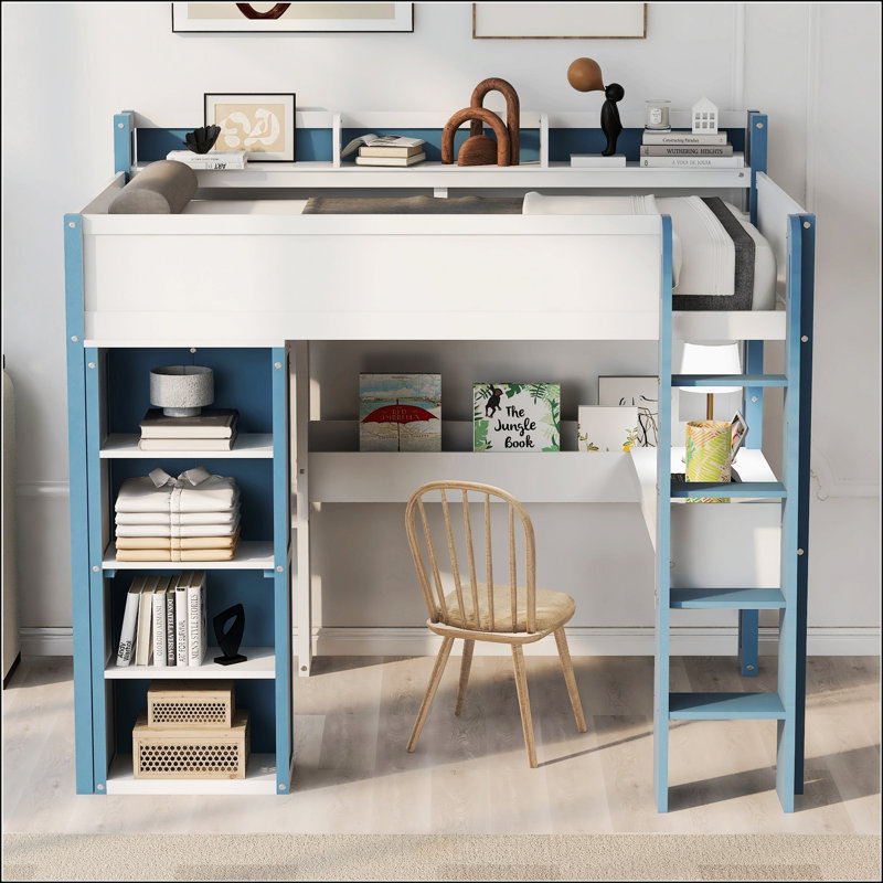 Lit mezzanine double avec tablettes de rangement intégrées