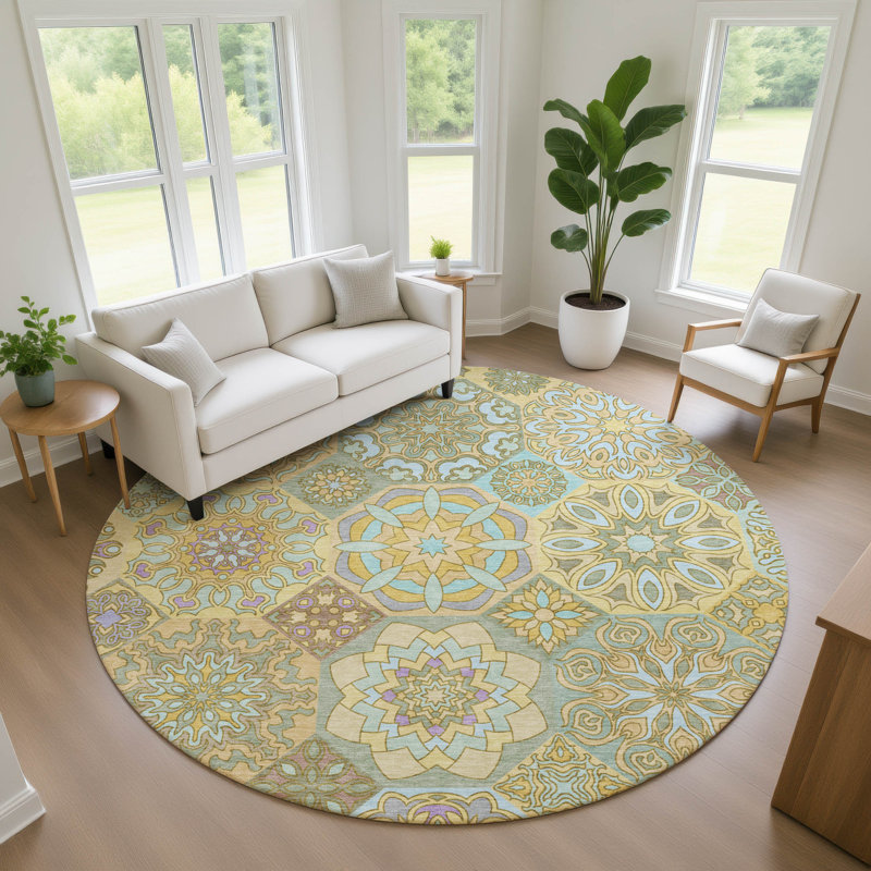 Tapis lavable à la machine intérieur / extérieur ACN2729 Chantille, Doré, Rond 8 pi