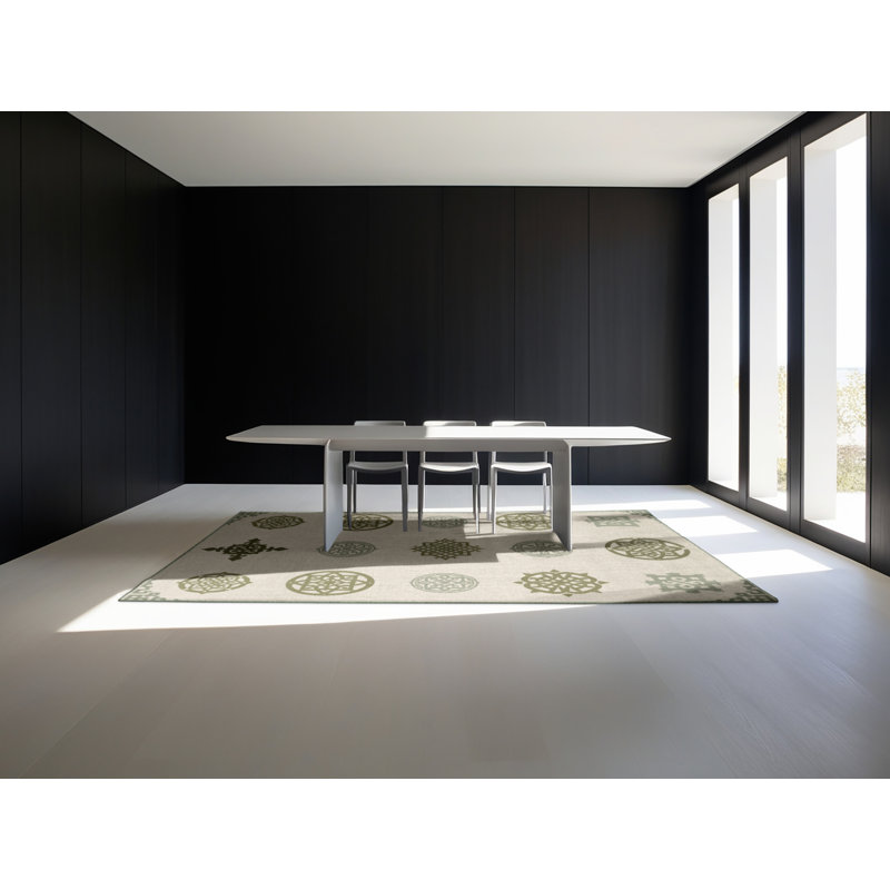 Tapis abstrait moderne et contemporain Merrionette St Patties beige lavable à la machine - reliure vert sauge, 8 x 12