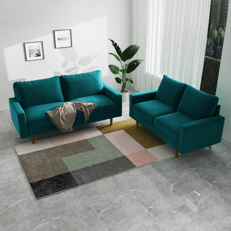 Merissa 58'' Velvet Square Arm Sofa Loveseat, Teal Blue Velvet