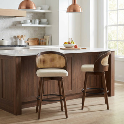 Roomfitters Como Indoor Wood Barstools with Rattan Back, Walnut Finish and Beige Fabric Seat Set of 2