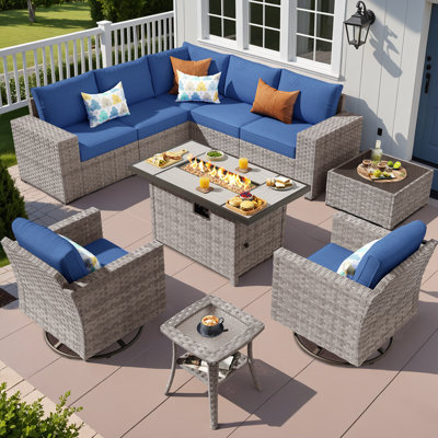 7 - Person Patio Furniture Set with Swivel Rocker, Outdoor Wicker Rattan Sectional Seating Group with Cushions, All Weather Sofa Conversation Set with Fire Pit Table for Garden Backyard