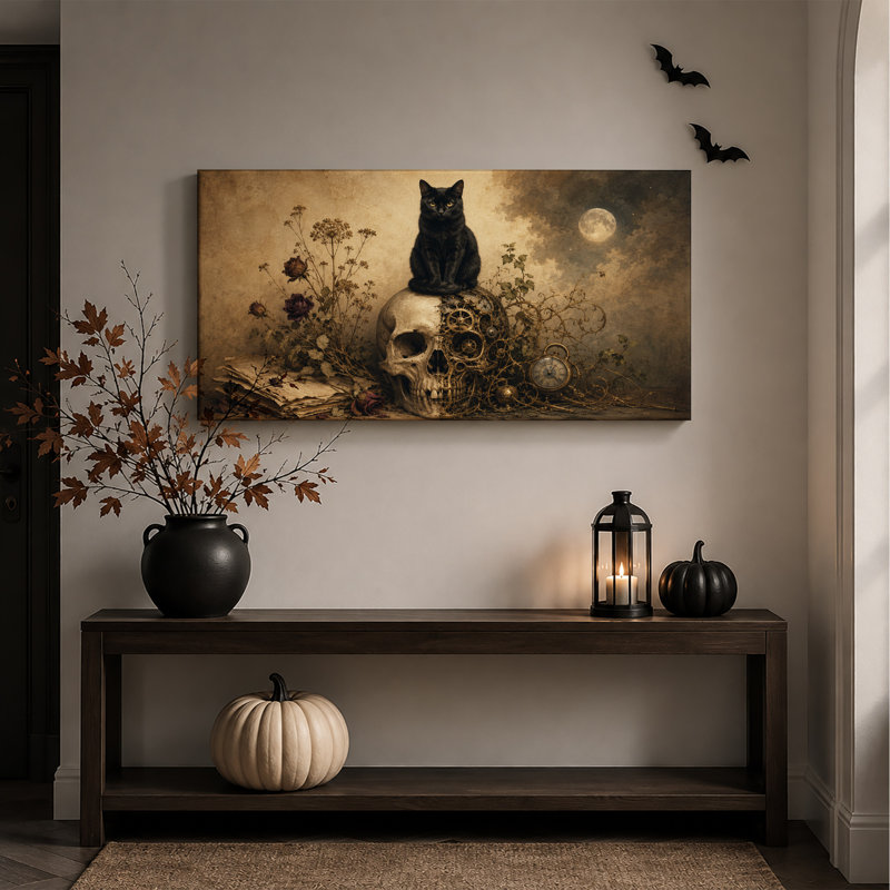 Chat noir sur crâne steampunk avec roses - Toile murale d'Halloween, L 40 po x H 20 po
